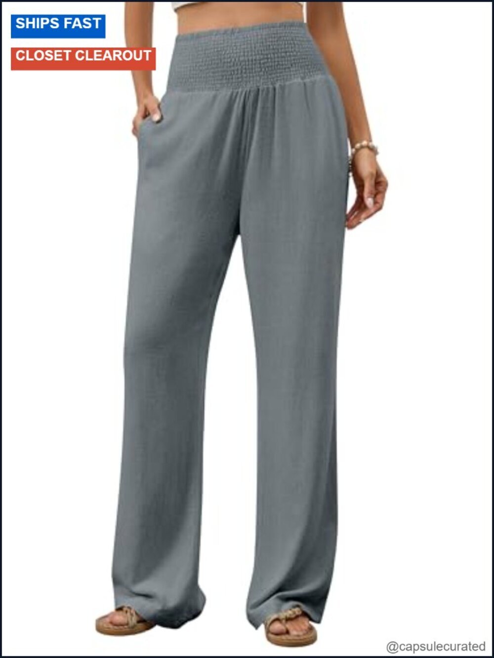 Wide Leg Palazzo Pants with Pockets Cotton Linen High Waist